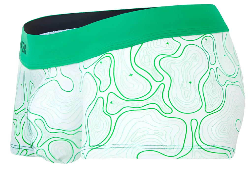 Green and white patterned clever 2056 maze trunks boxer briefs with bold green waistband designed for comfort