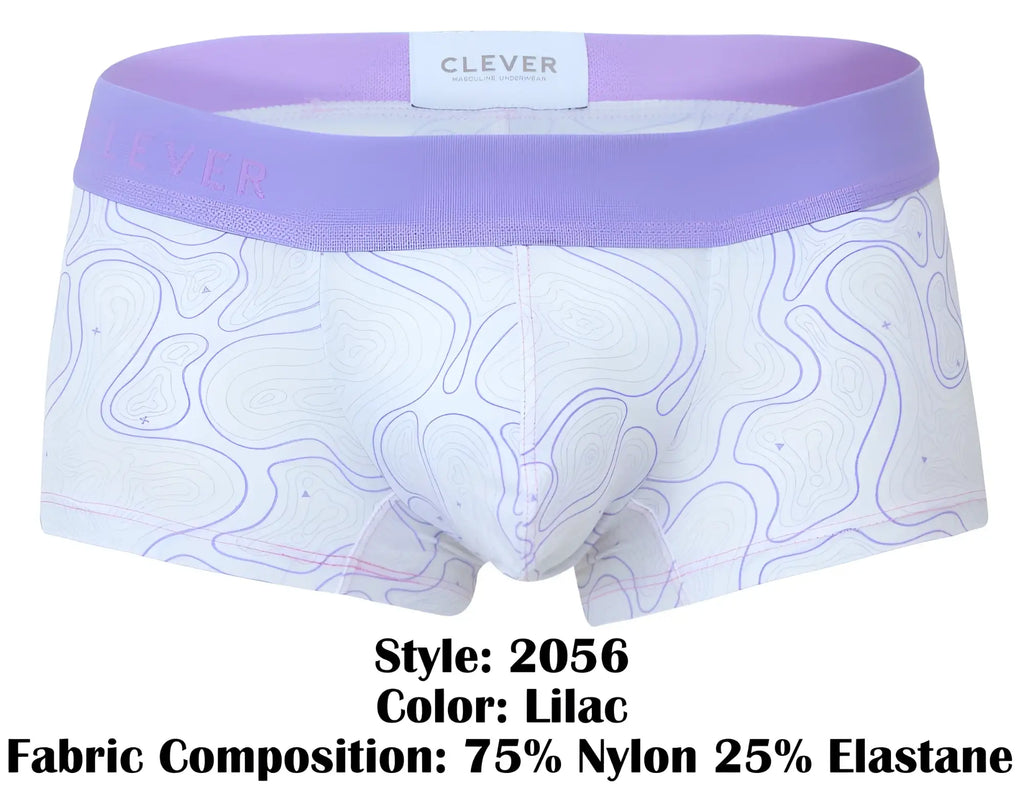 Lilac color clever 2056 maze trunks mens briefs with white base purple contour lines and matching lilac waistband