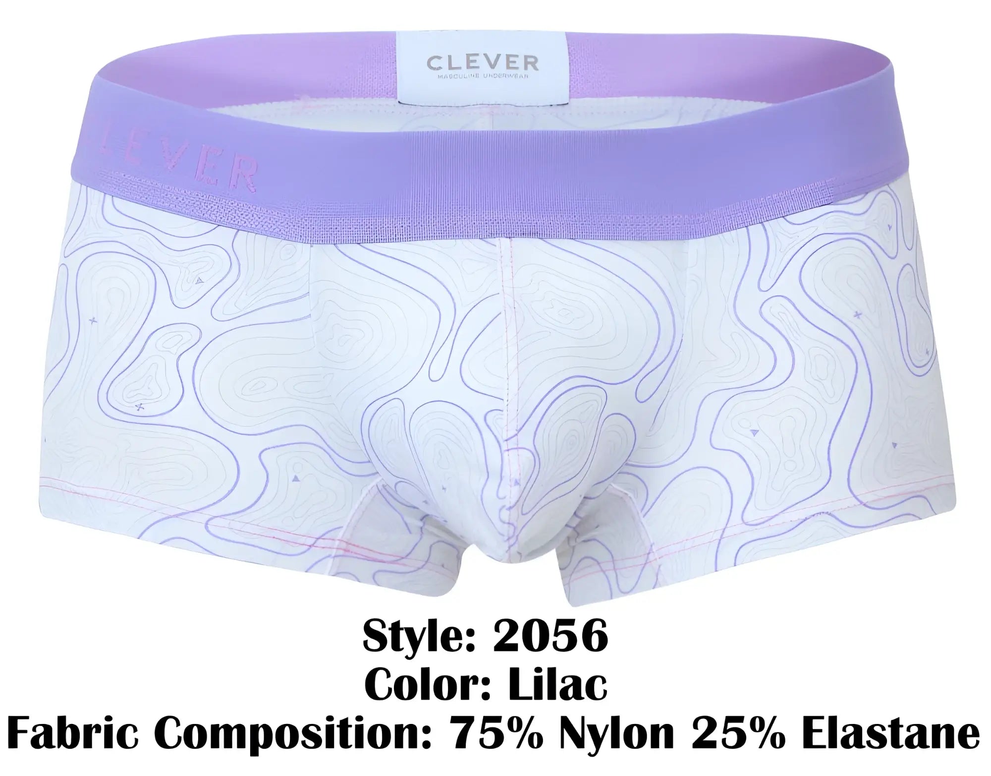 Lilac color clever 2056 maze trunks mens briefs with white base purple contour lines and matching lilac waistband