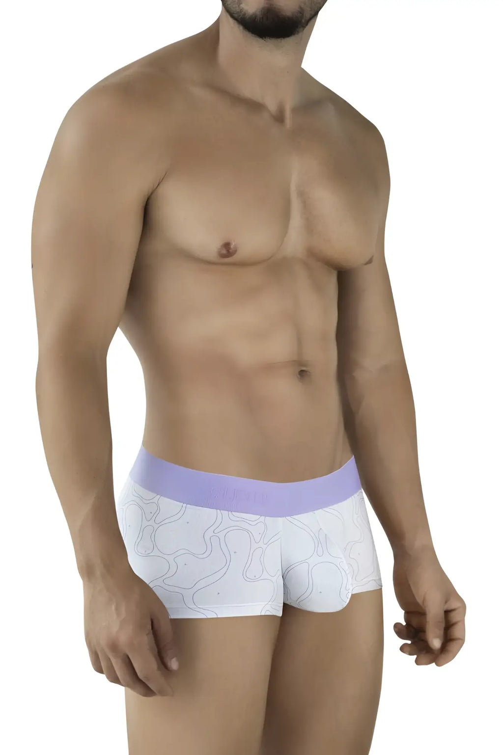 White boxer briefs with lavender elastic waistband and subtle gray abstract line pattern from clever 2056 maze trunks