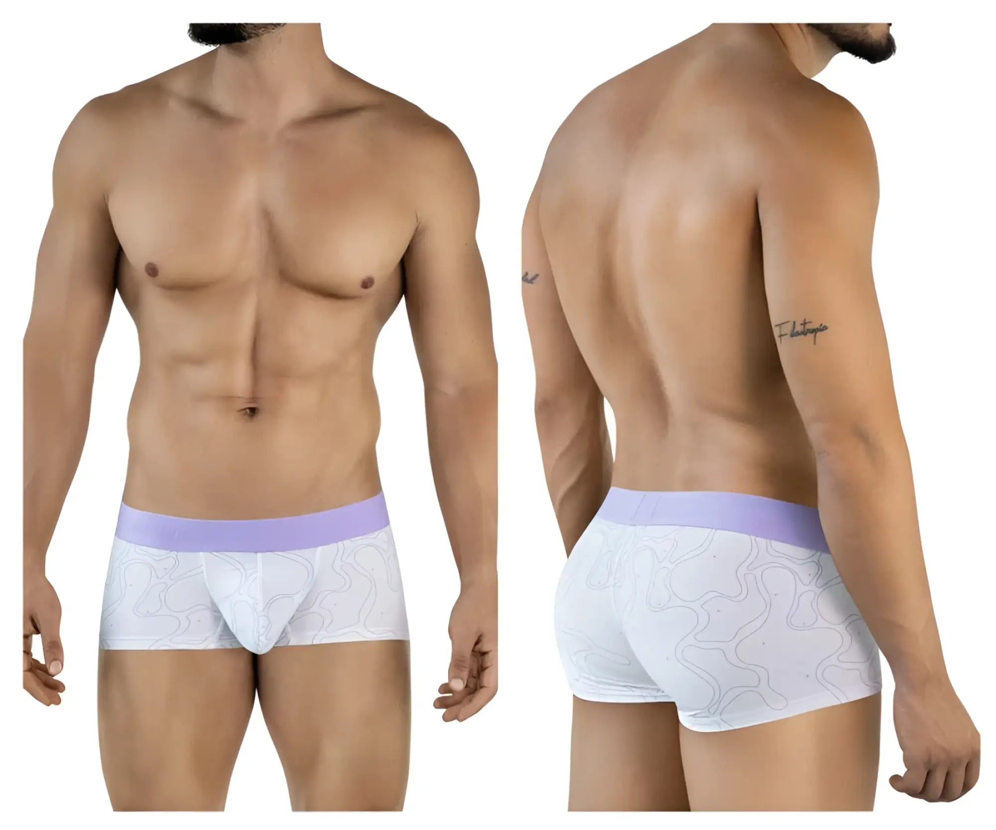 White boxer briefs with lavender waistband and gray abstract maze pattern clever 2056 maze trunks color lilac