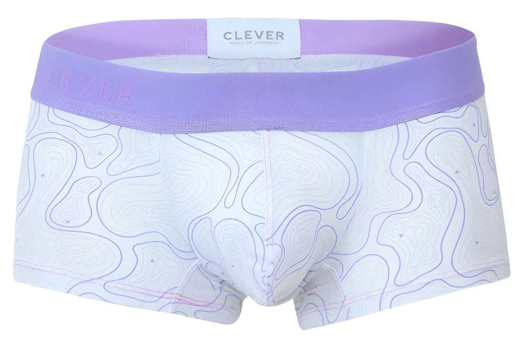 White boxer briefs with lavender waistband and purple contour pattern from clever 2056 maze trunks color lilac