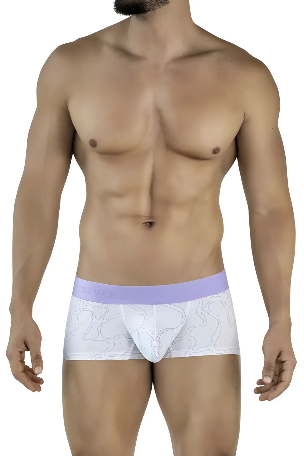 White men’s briefs clever 2056 maze trunks in lilac with subtle lavender pattern and matching waistband
