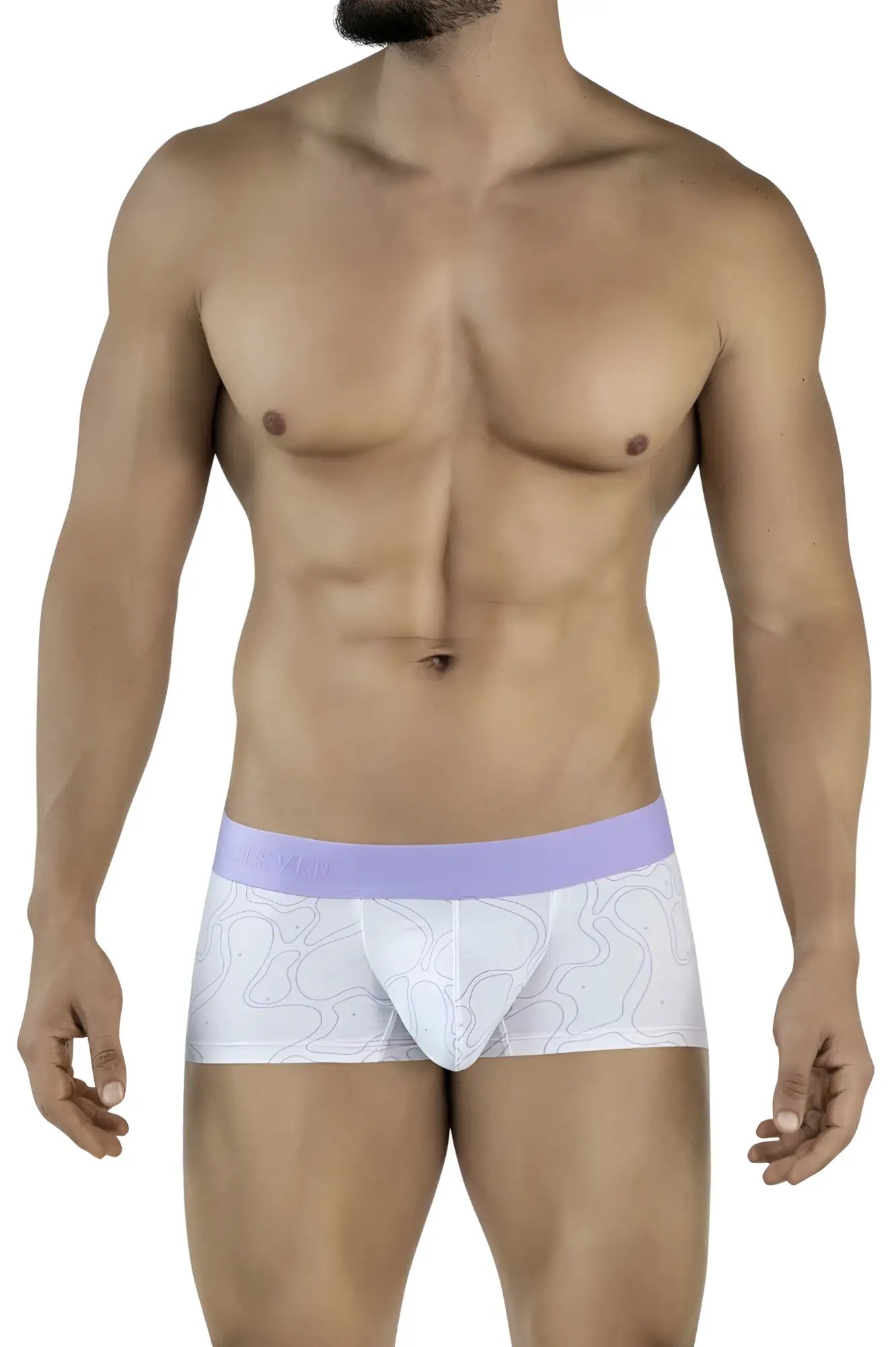 White men’s briefs clever 2056 maze trunks in lilac with subtle lavender pattern and matching waistband