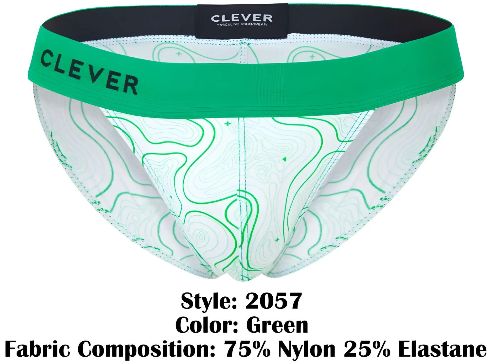 Green and white patterned clever 2057 maze bikini briefs with bold green waistband featuring clever brand name