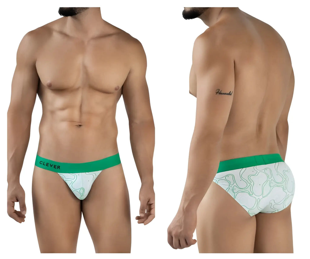 Green and white patterned men’s briefs with bold green clever waistband from clever 2057 maze bikini color green