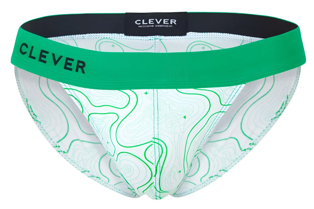 Green and white topographic patterned bikini underwear with bold green waistband featuring Clever brand name