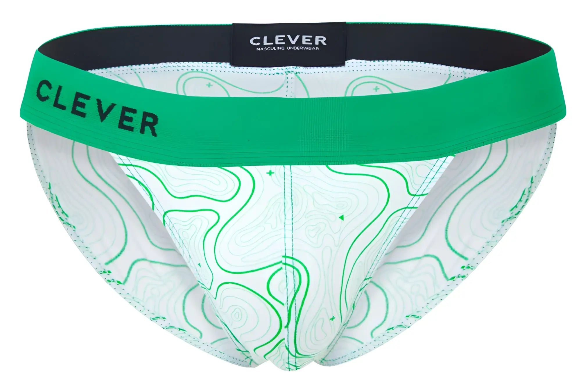 Green and white topographic patterned bikini underwear with bold green waistband featuring Clever brand name