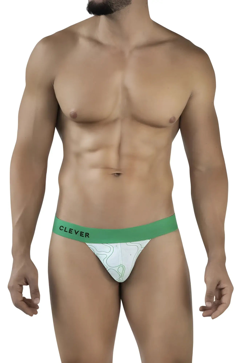 White briefs with a green waistband featuring clever brand name and abstract line pattern in maze bikini style