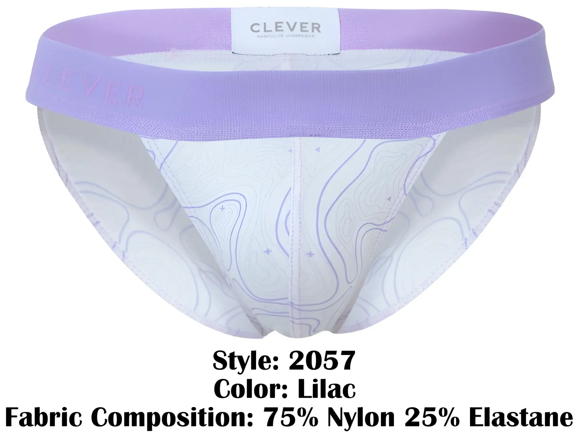 Lilac clever 2057 maze bikini underwear with white body, subtle purple contour patterns, and elastic waistband