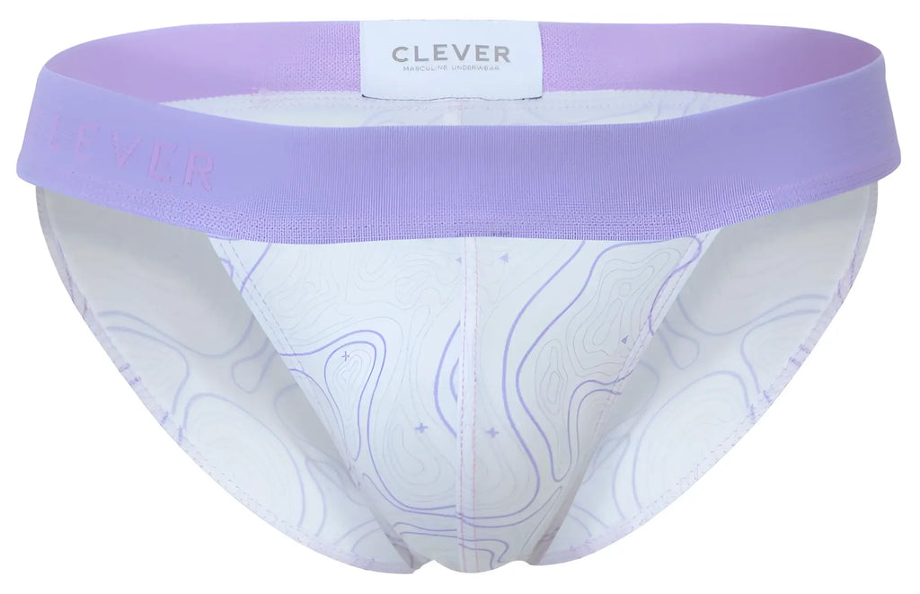 Purple and white patterned clever 2057 maze bikini in lilac with lavender elastic waistband and abstract line designs