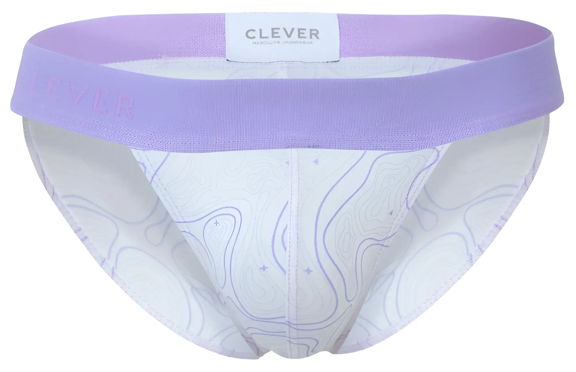 Purple and white patterned clever 2057 maze bikini in lilac with lavender elastic waistband and abstract line designs