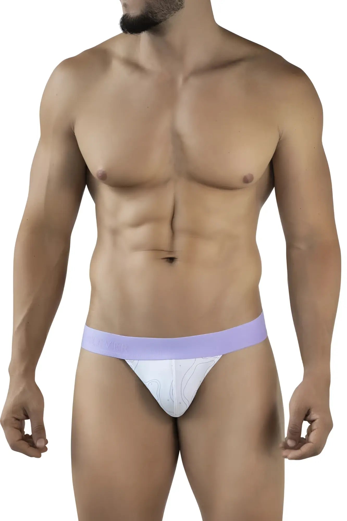 White thong bikini with lavender waistband and subtle white patterned design from clever 2057 maze lilac collection