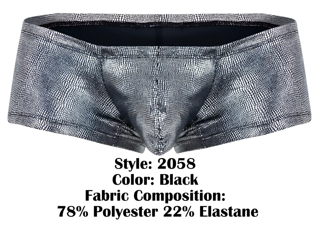 Black men’s briefs clever 2058 sparkles trunks with metallic silver crocodile skin texture and elastic waistband