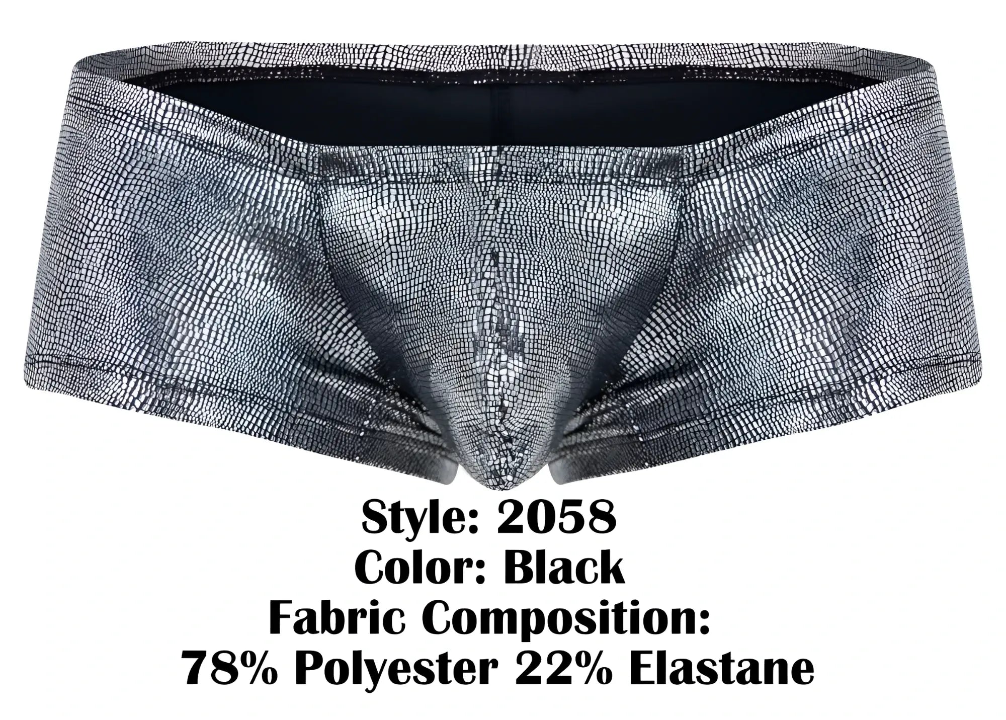 Black men’s briefs clever 2058 sparkles trunks with metallic silver crocodile skin texture and elastic waistband