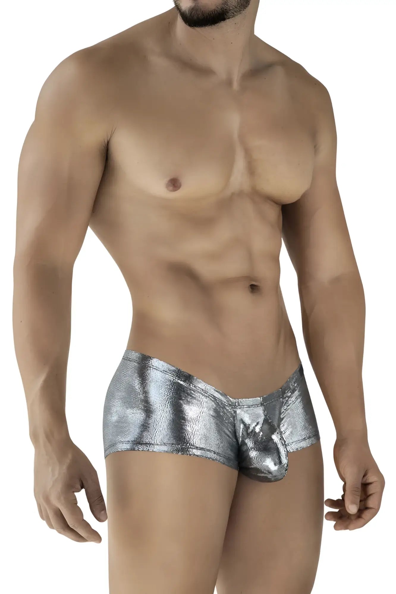 Shiny silver metallic briefs with a textured reflective surface from clever 2058 sparkles trunks color black collection