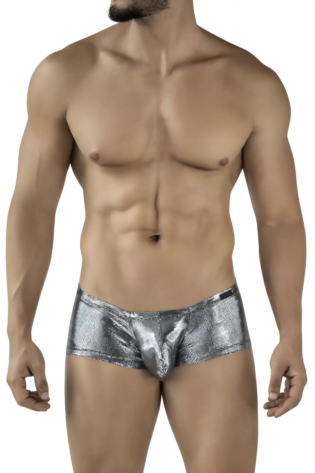 Shiny silver metallic clever 2058 sparkles trunks with a textured reflective surface in black color