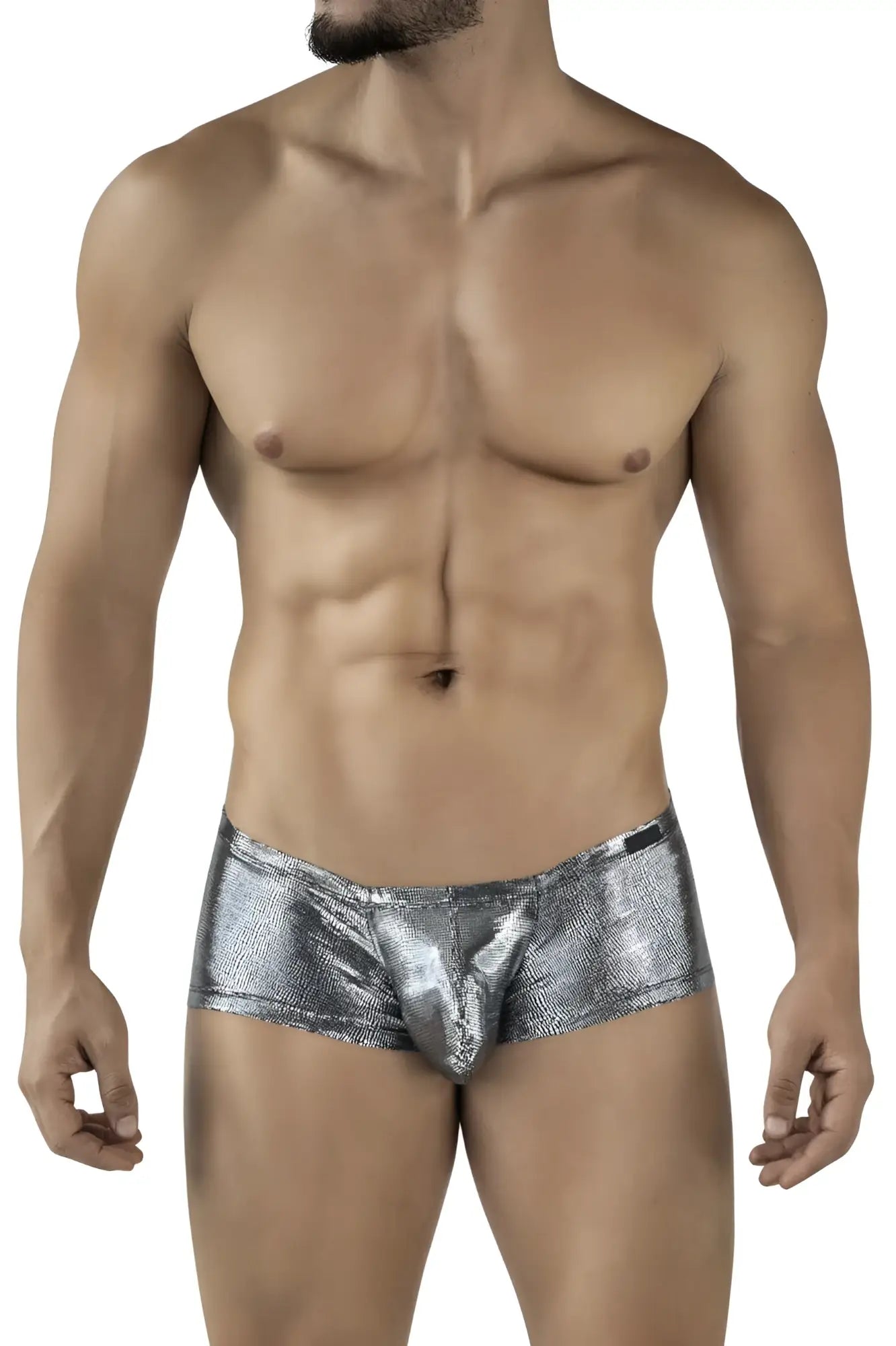 Shiny silver metallic clever 2058 sparkles trunks with a textured reflective surface in black color
