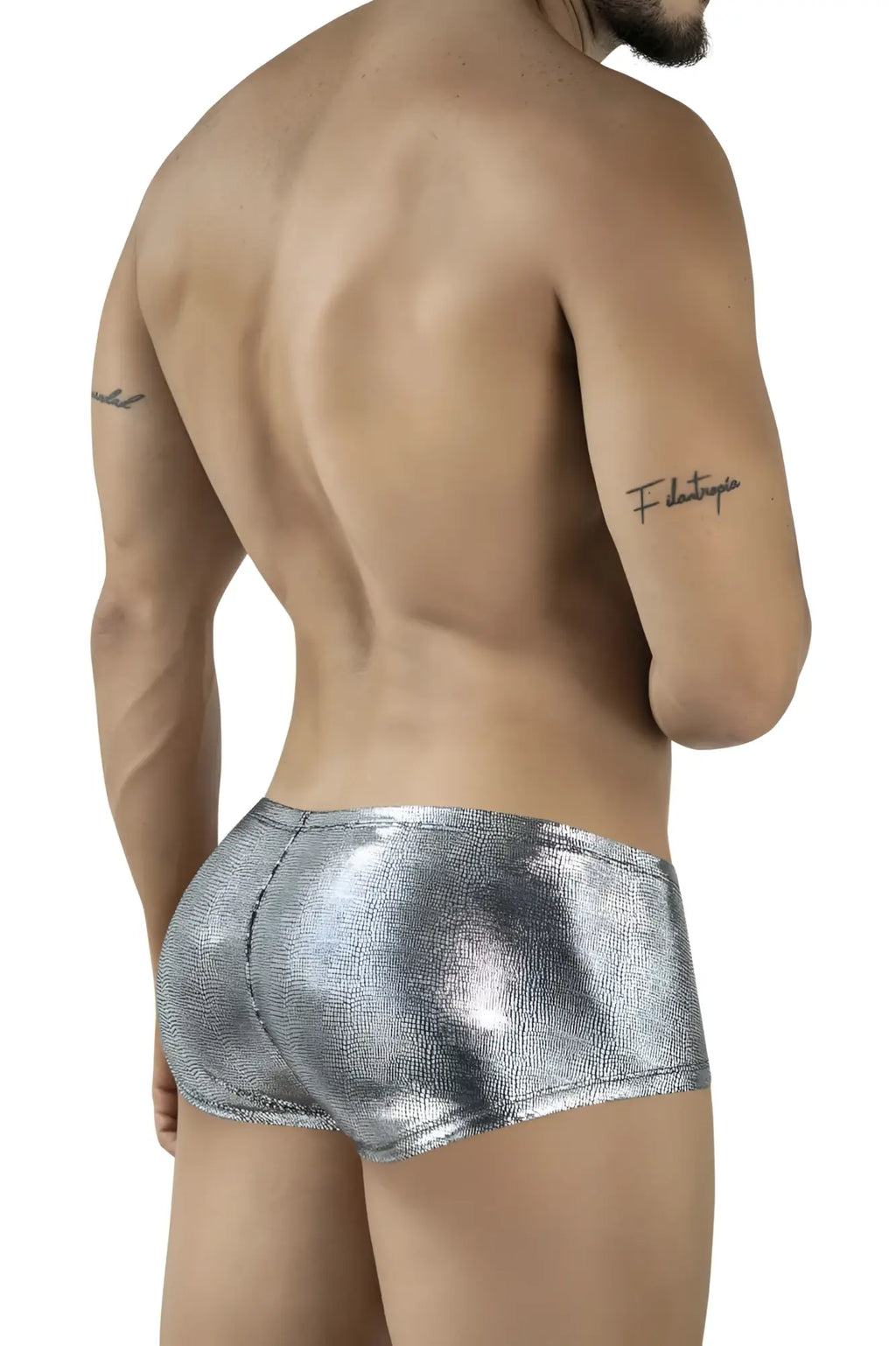 Shiny silver metallic briefs with textured reflective surface in black clever 2058 sparkles trunks design