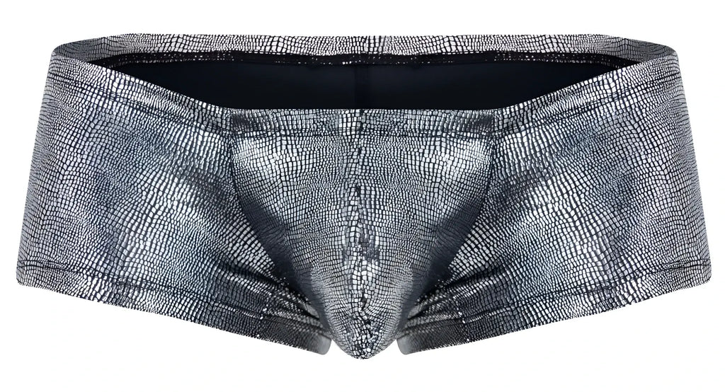 Silver metallic briefs with textured crocodile skin pattern from clever 2058 sparkles trunks color black collection
