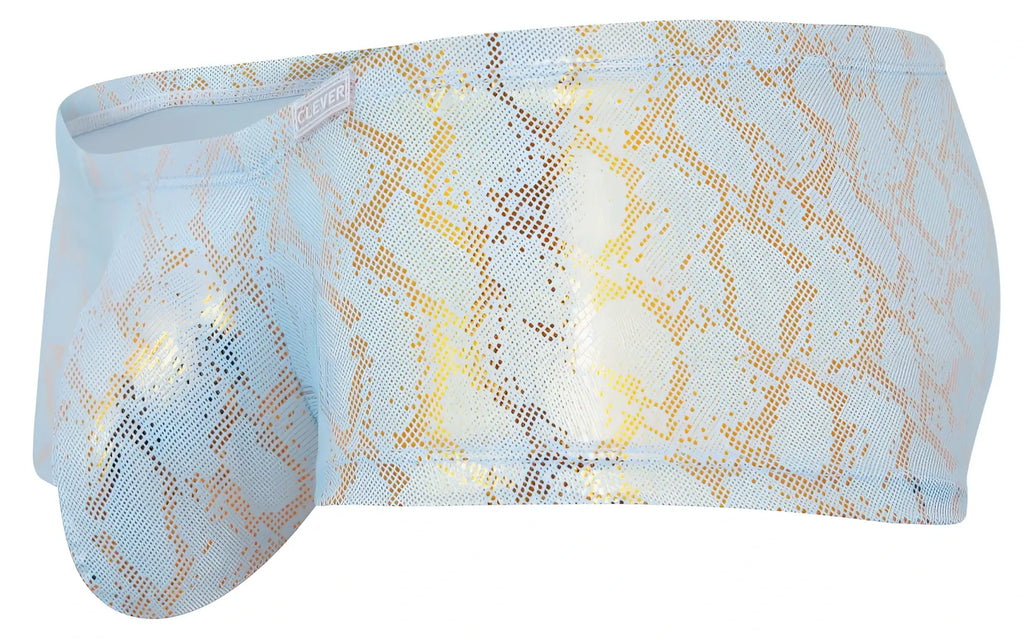 Light blue and gold snake-print clever 2061 diamond trunks with shiny textured fabric swim trunks