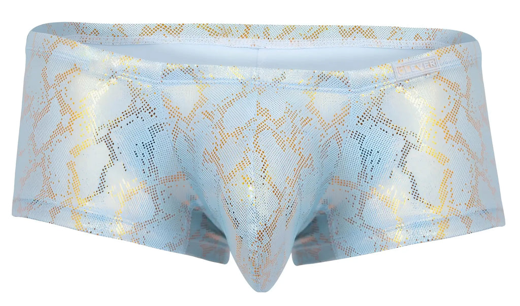Light blue and gold snakeskin patterned clever 2061 diamond trunks men’s briefs with shiny textured fabric