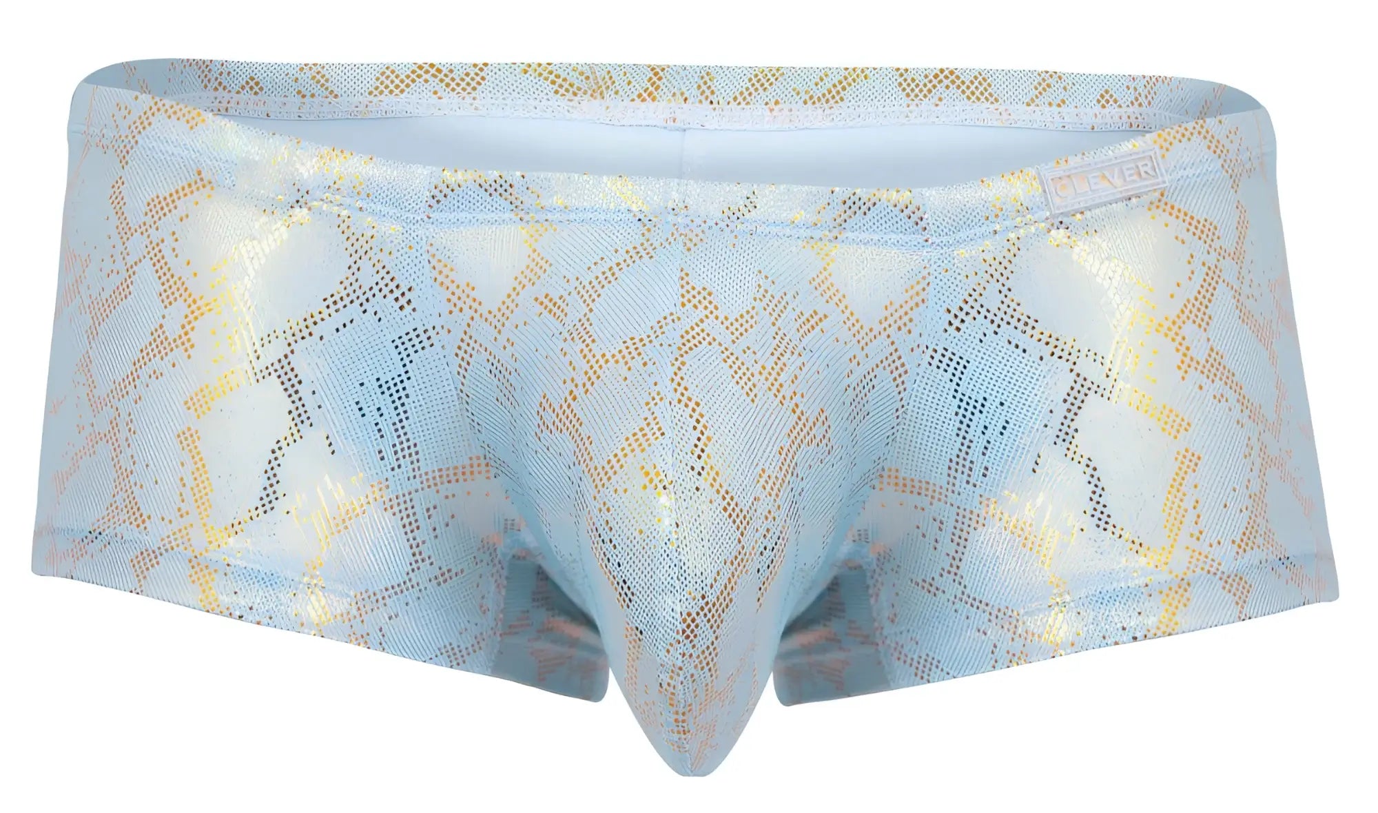 Light blue and gold snakeskin patterned clever 2061 diamond trunks men’s briefs with shiny textured fabric