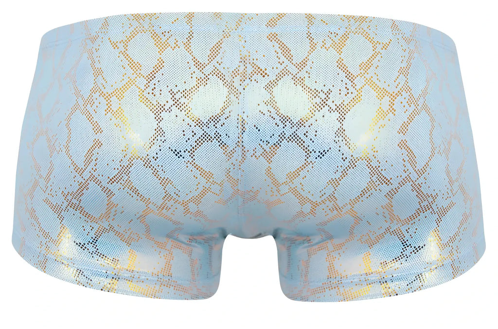 Light blue clever 2061 diamond trunks boxer briefs with a shimmering gold snake scale pattern