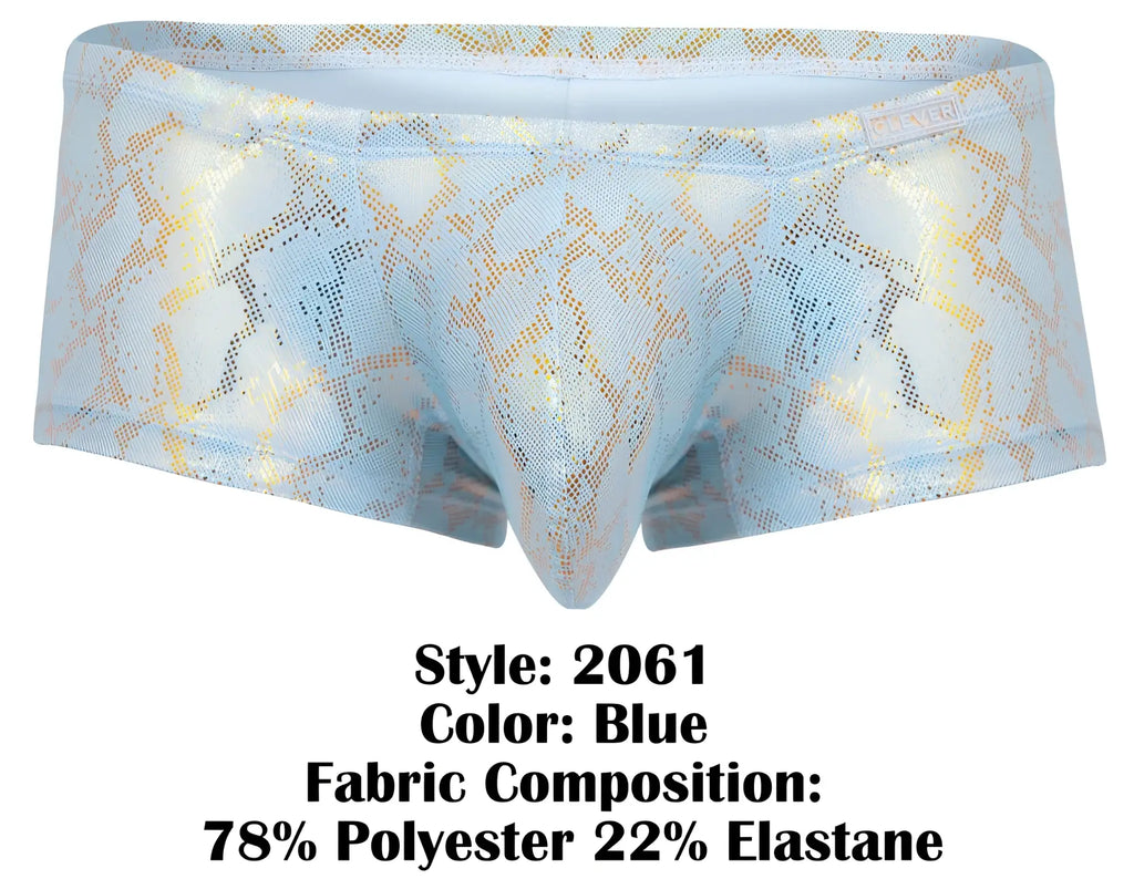 Light blue men’s briefs Clever 2061 Diamond Trunks with shimmering gold snake print pattern for stylish comfort