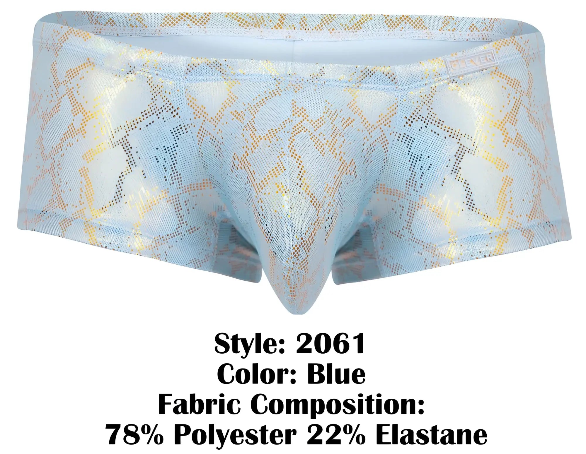 Light blue men’s briefs Clever 2061 Diamond Trunks with shimmering gold snake print pattern for stylish comfort