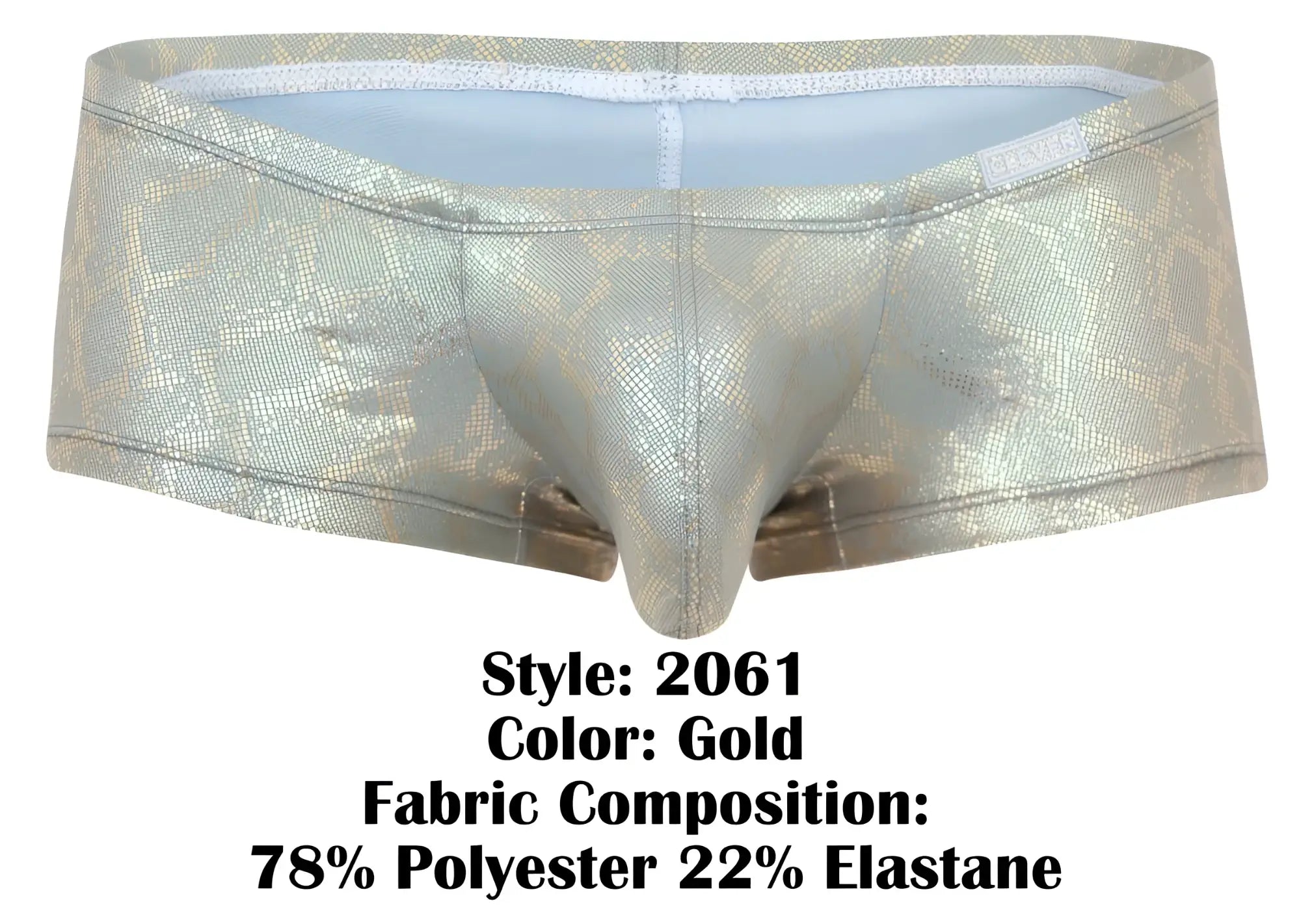 Clever 2061 diamond trunks gold metallic snake scale pattern briefs made of 78% polyester and 22% elastane