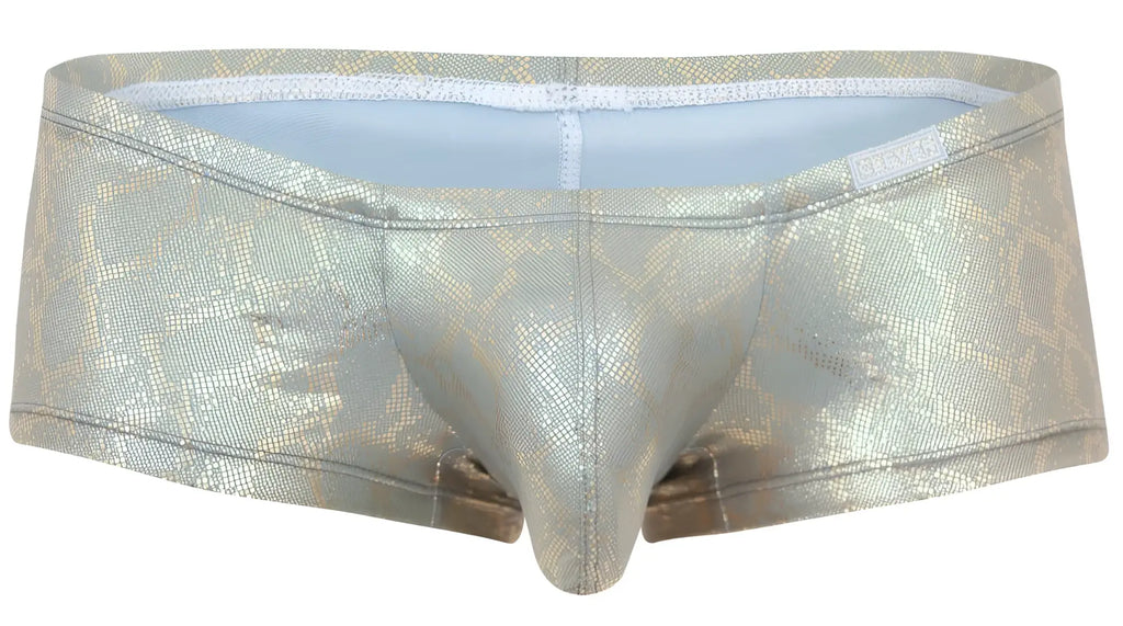 Clever 2061 diamond trunks gold shiny metallic silver snake-scale patterned men’s briefs with light blue lining