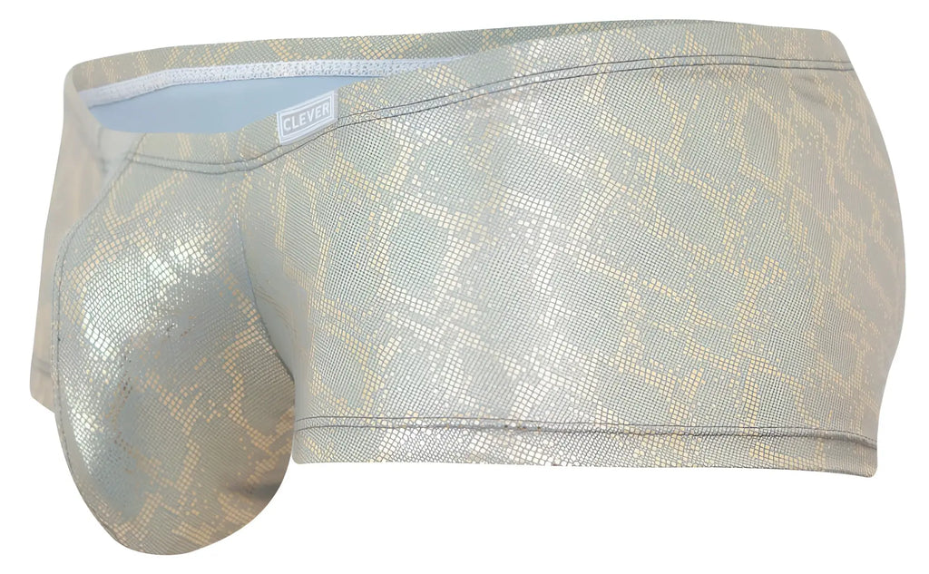 Silver metallic snake-scale patterned men’s briefs with light blue lining and clever brand label in gold color