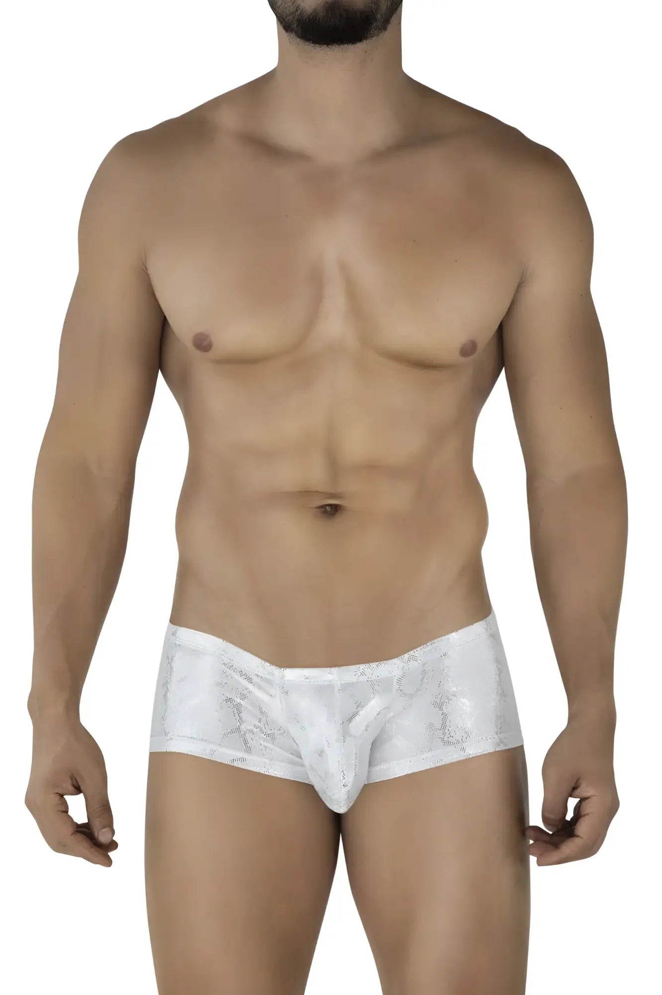 White lace-trimmed clever 2061 diamond trunks briefs in silver with a subtle shimmering pattern