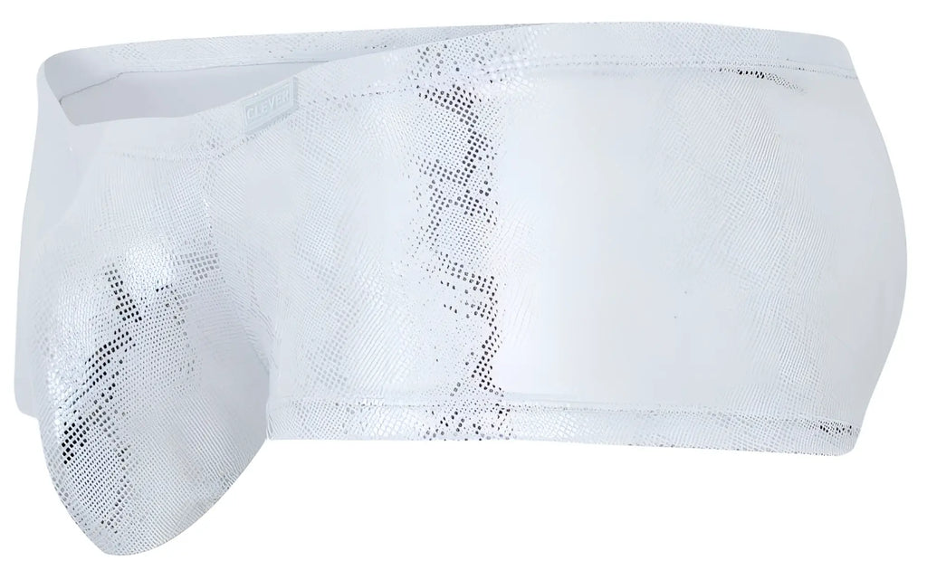 White metallic snake-skin patterned men’s briefs clever 2061 diamond trunks in silver with a sleek shiny finish