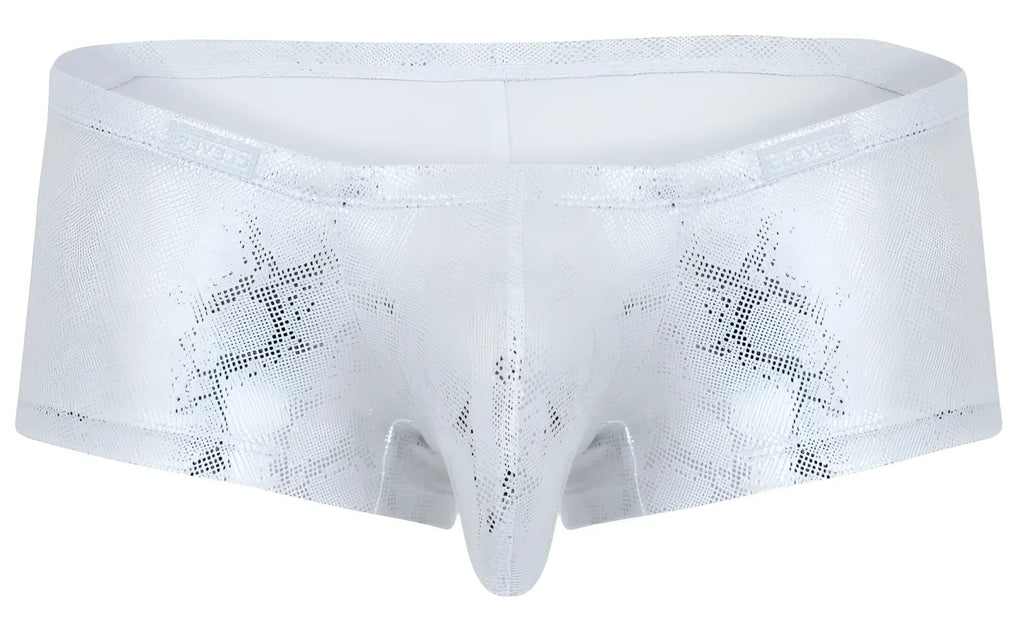 White metallic brief trunks with subtle snakeskin pattern in silver by steve featuring embroidered waistband