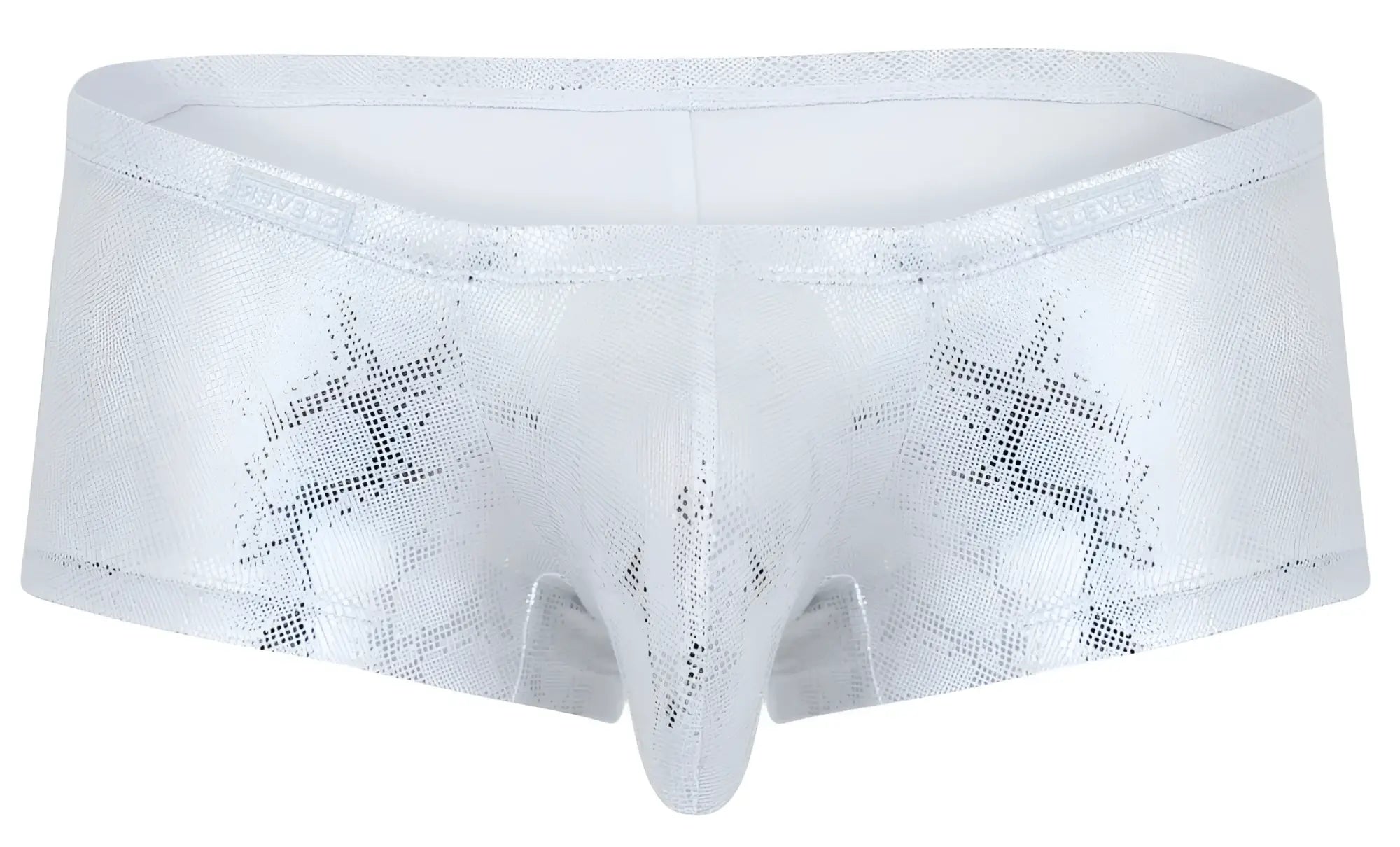 White metallic brief trunks with subtle snakeskin pattern in silver by steve featuring embroidered waistband