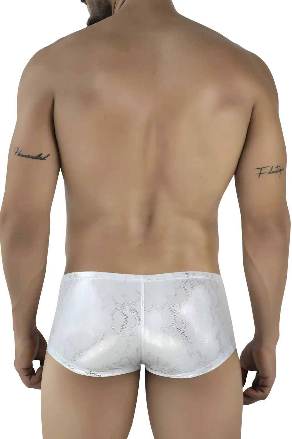 Silver clever 2061 diamond trunks satin briefs with subtle glossy snake-scale pattern in white