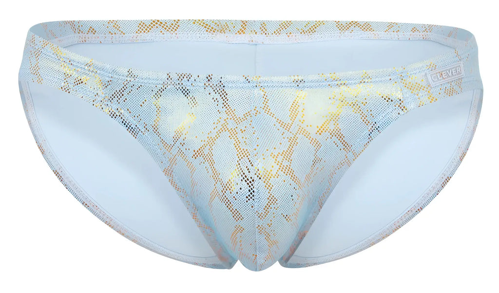 Clever 2062 diamond briefs in blue light blue and gold snake-print mesh fabric swim trunks for men