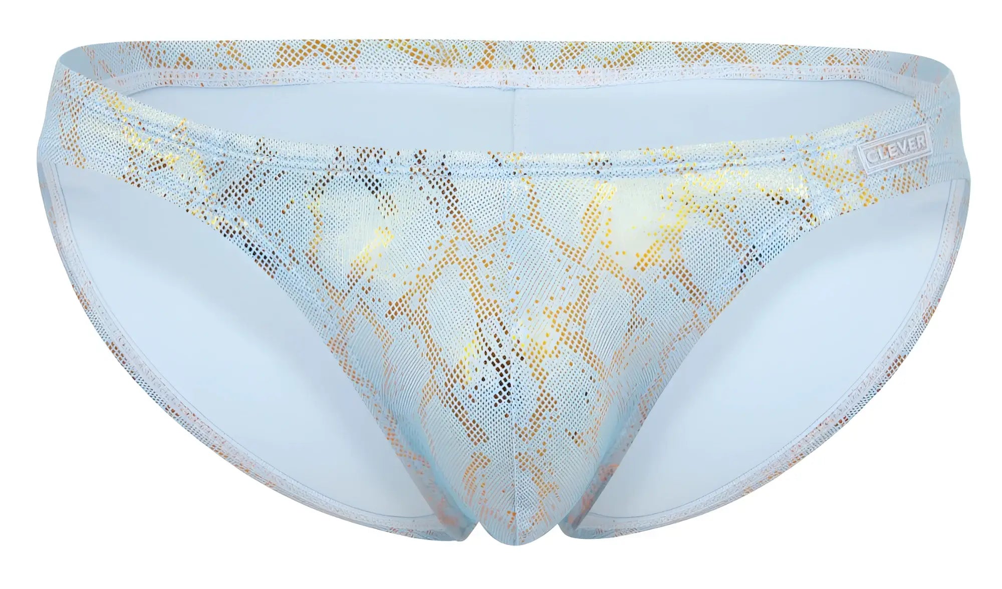 Clever 2062 diamond briefs in blue light blue and gold snake-print mesh fabric swim trunks for men
