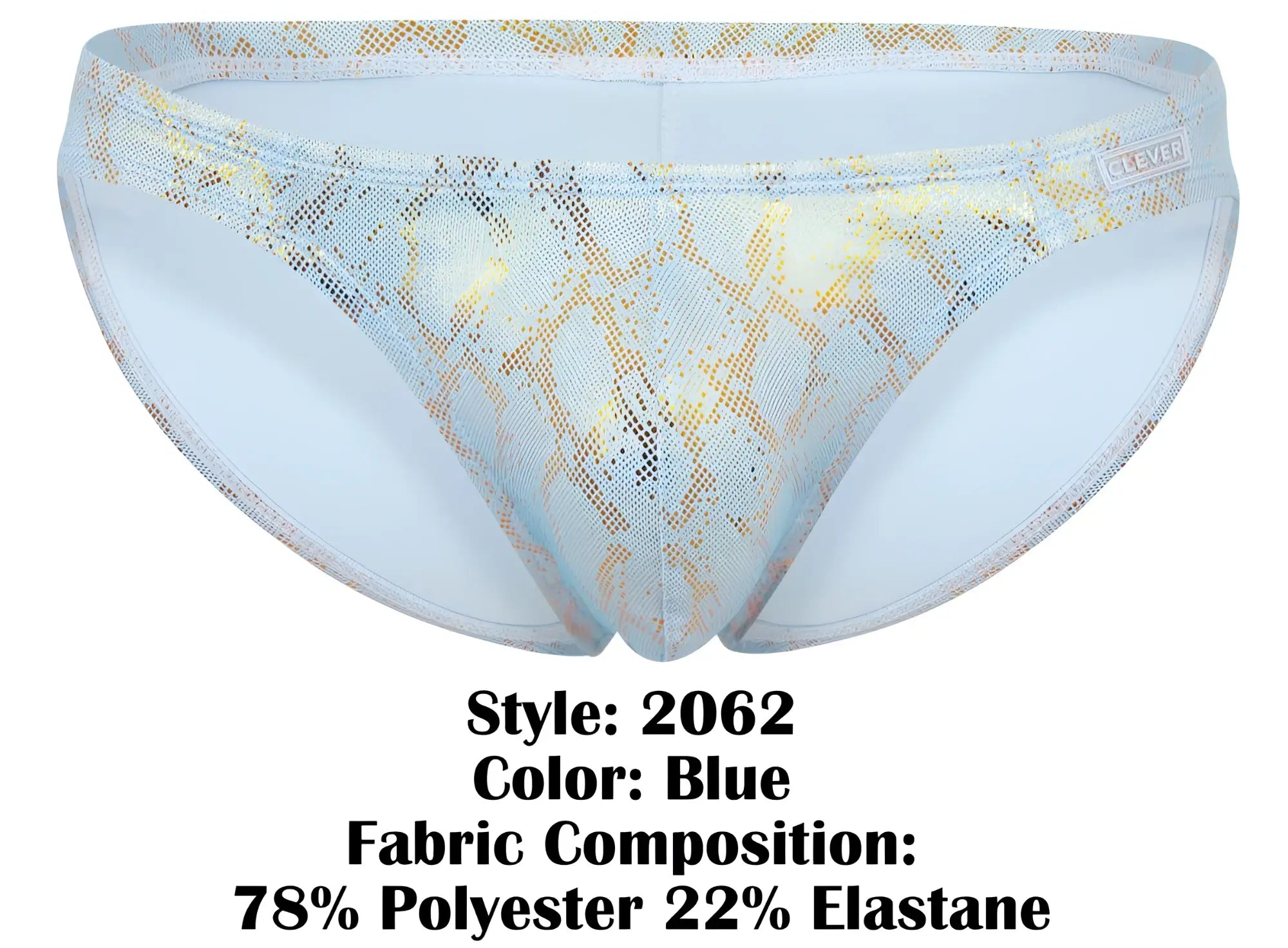 Light blue clever 2062 diamond briefs with a shimmering gold snake-scale pattern and mesh detailing