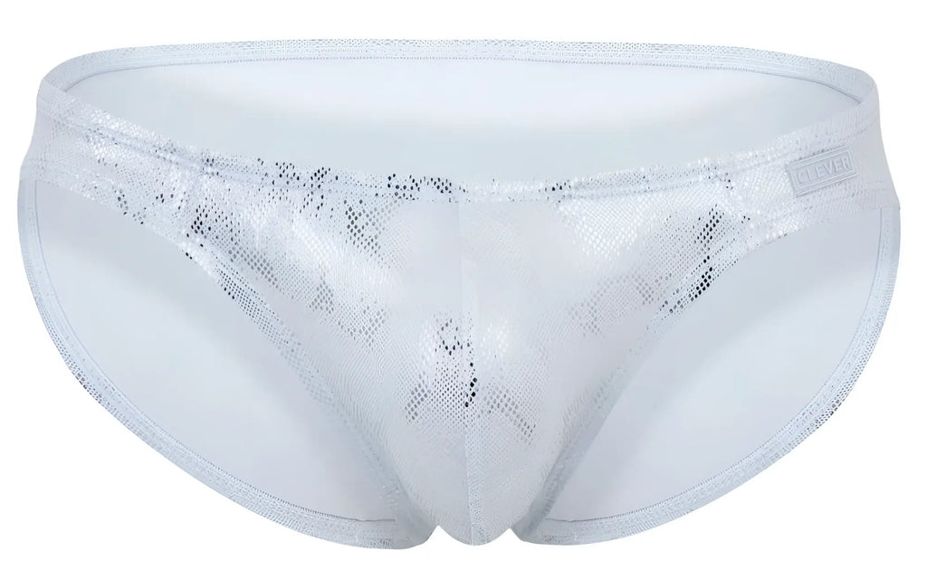 Silver sequined swim trunks clever 2062 diamond briefs with mesh pattern and white trim