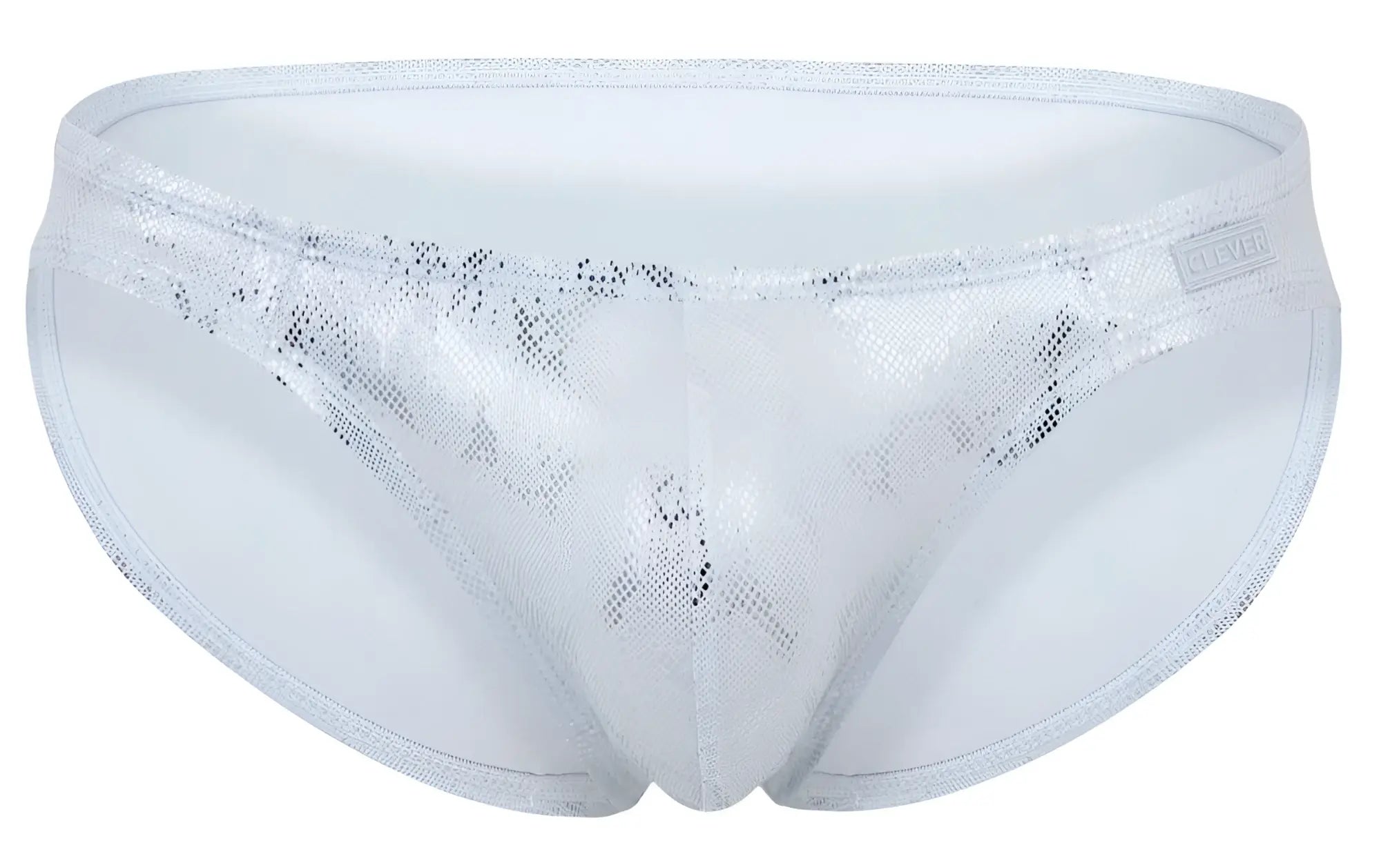 Silver sequined swim trunks clever 2062 diamond briefs with mesh pattern and white trim