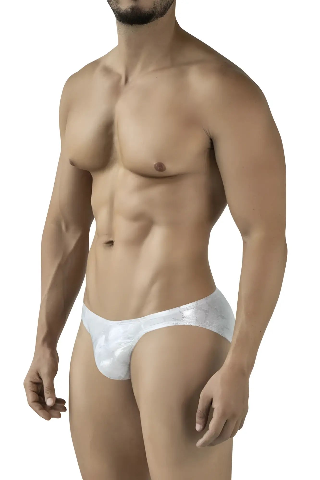 White lace-trimmed men’s briefs in silver with a subtle diamond pattern from clever 2062 diamond briefs