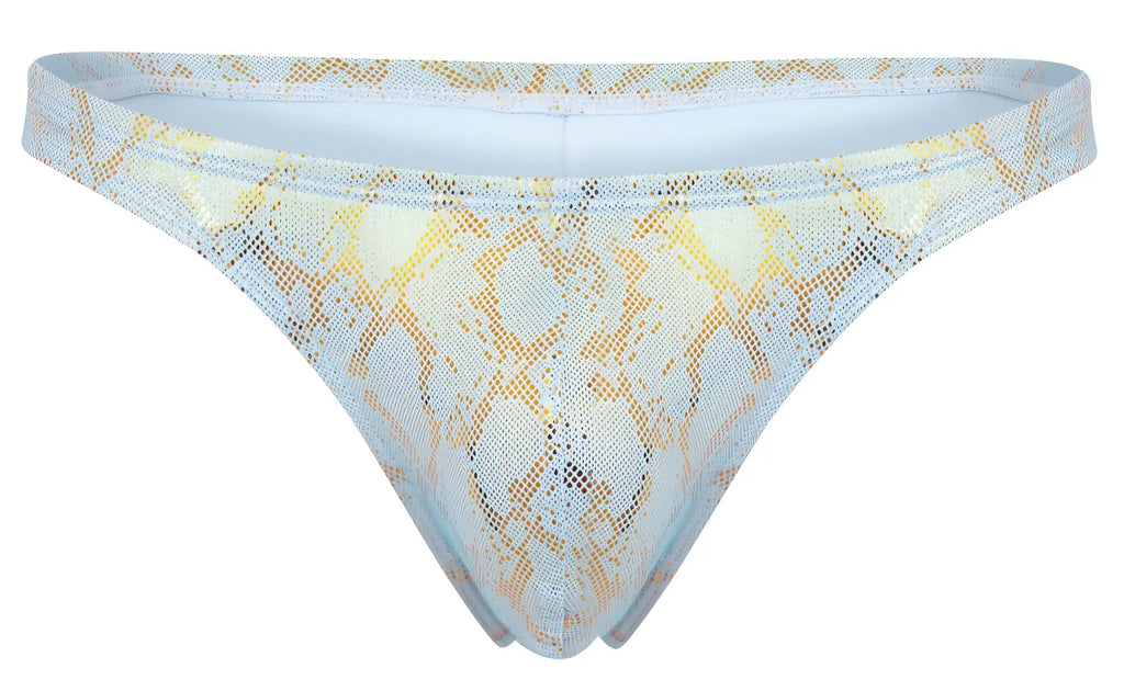 Light blue and gold snake-print mesh thong from clever 2063 diamond thongs collection, front view