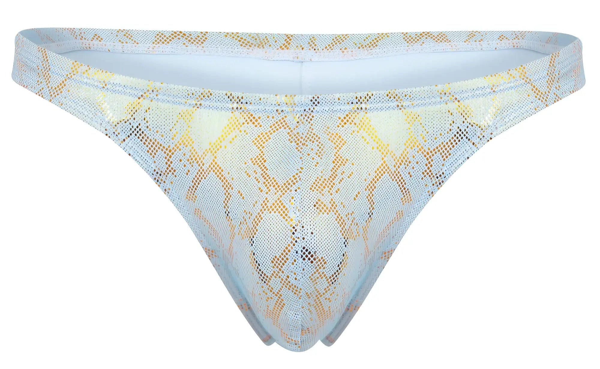 Light blue and gold snake-print mesh thong from clever 2063 diamond thongs collection, front view