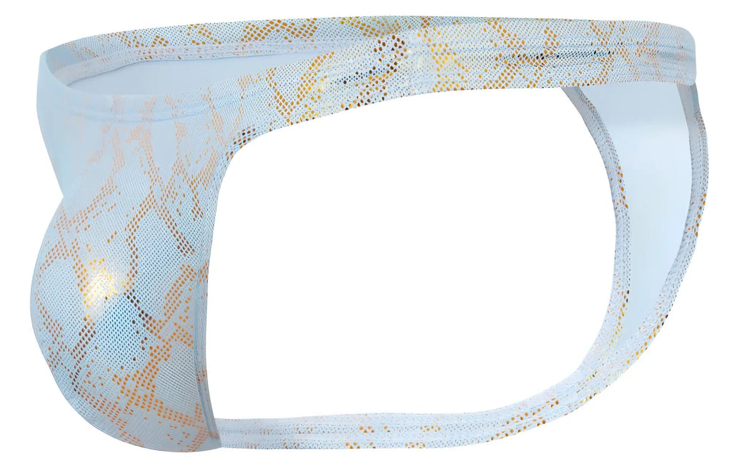 Light blue and gold snake-print mesh diamond thong briefs clever 2063 in a front view