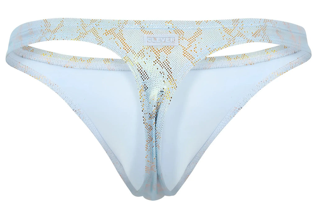 Light blue and gold snake-print sheer mesh thong with clever brand label on waistband from clever 2063 diamond thongs color blue collection