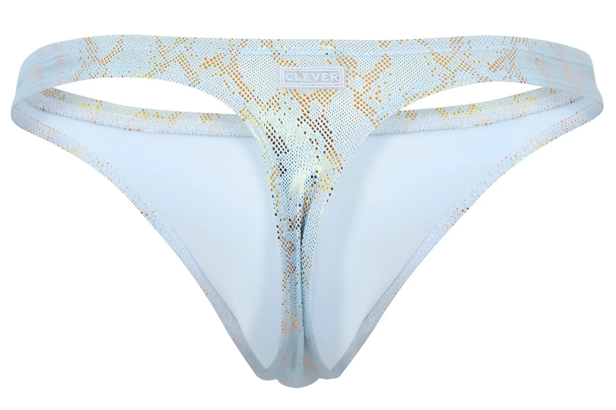 Light blue and gold snake-print sheer mesh thong with clever brand label on waistband from clever 2063 diamond thongs color blue collection