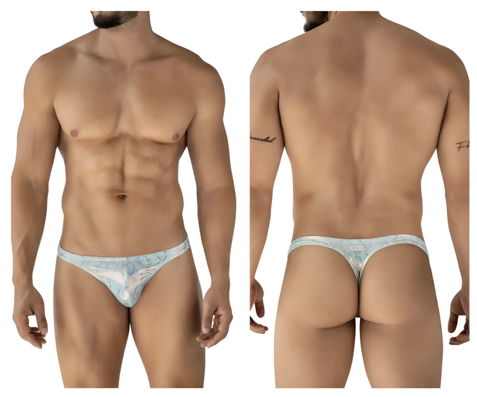 Light blue and white patterned Clever 2063 diamond thong with subtle intricate design and comfortable fit